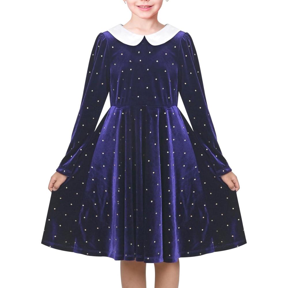 imageSunny Fashion Girls Dress Glitter Golden Star White Collar Casual Warm WinterPurple