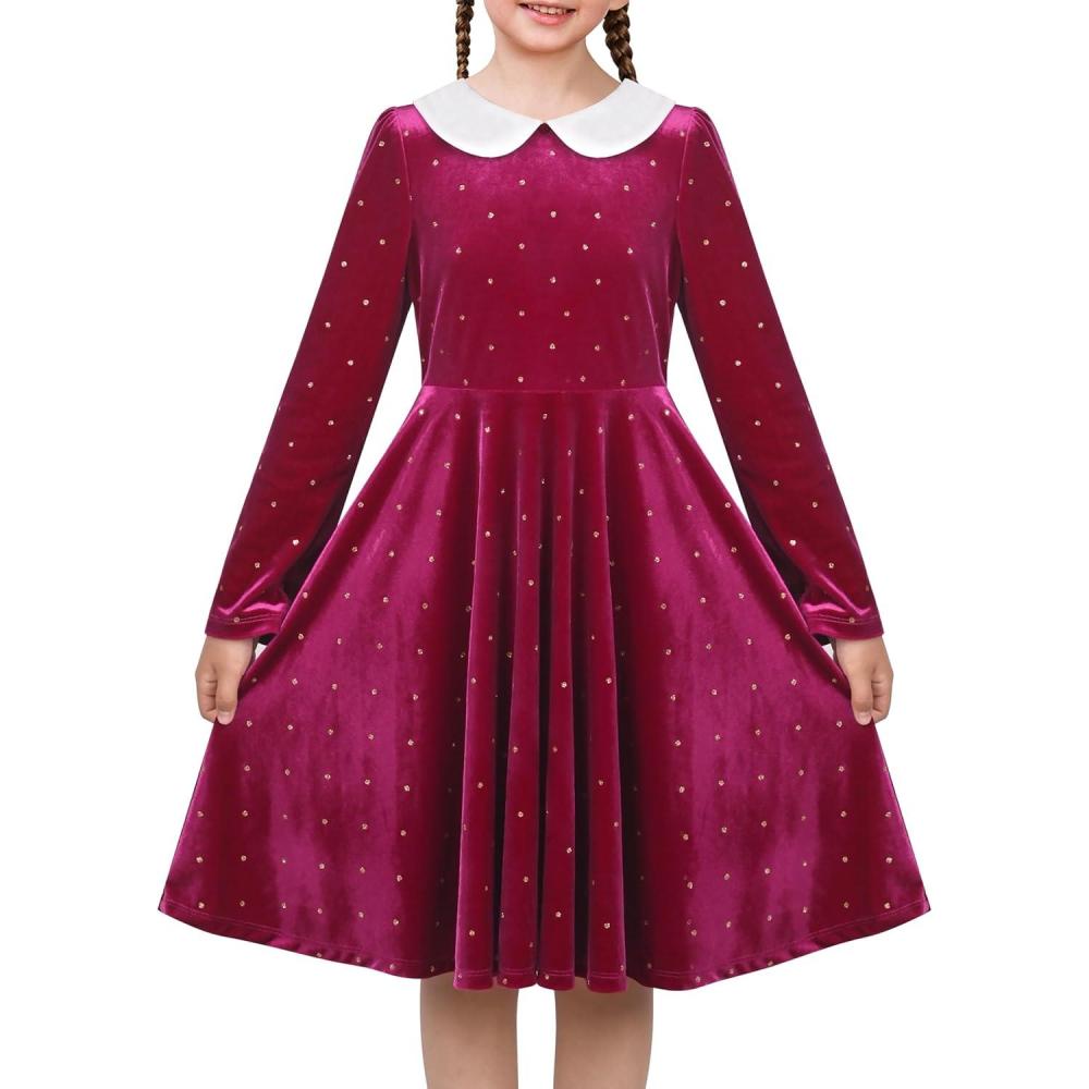 imageSunny Fashion Girls Dress Glitter Golden Star White Collar Casual Warm WinterRed Dot