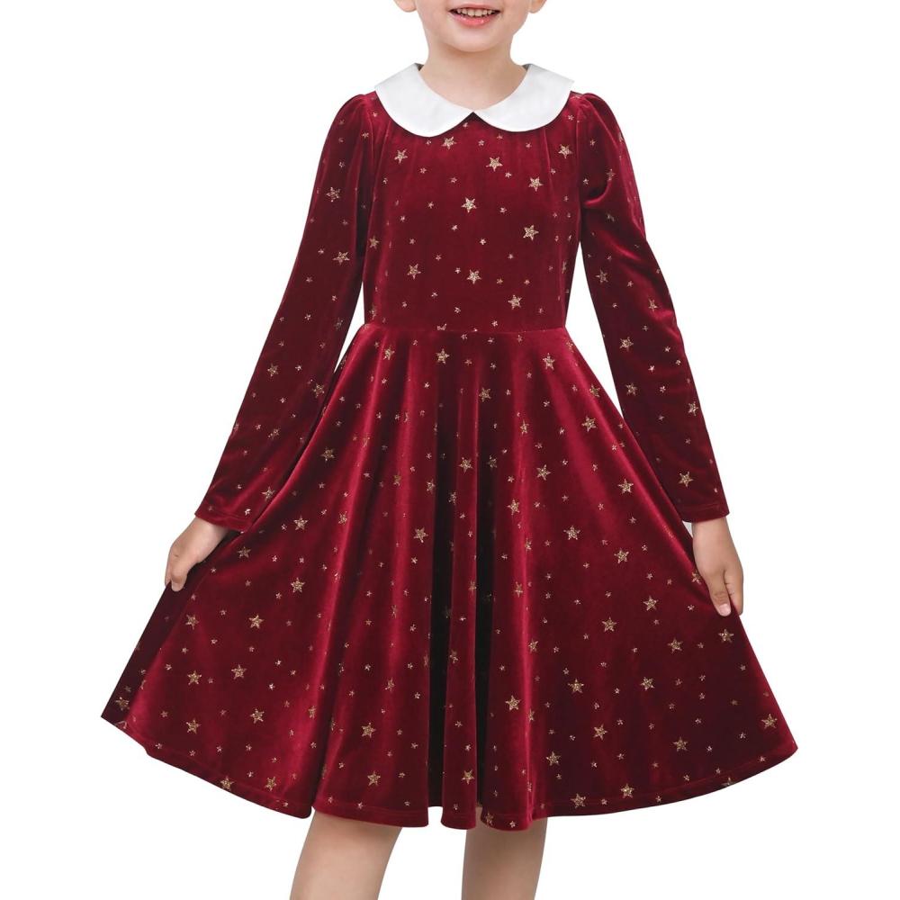 imageSunny Fashion Girls Dress Glitter Golden Star White Collar Casual Warm WinterRed Sparkle