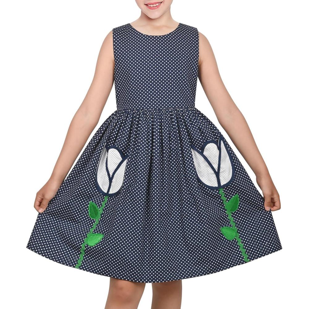 imageSunny Fashion Girls Dress Red Polka Dot Pocket Floral Summer Casual CottonBlue Tulip