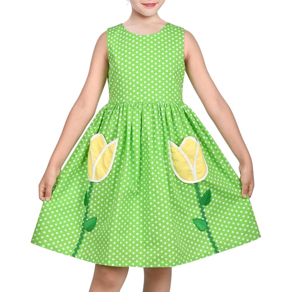 imageSunny Fashion Girls Dress Red Polka Dot Pocket Floral Summer Casual CottonGreen Tulip Pocket