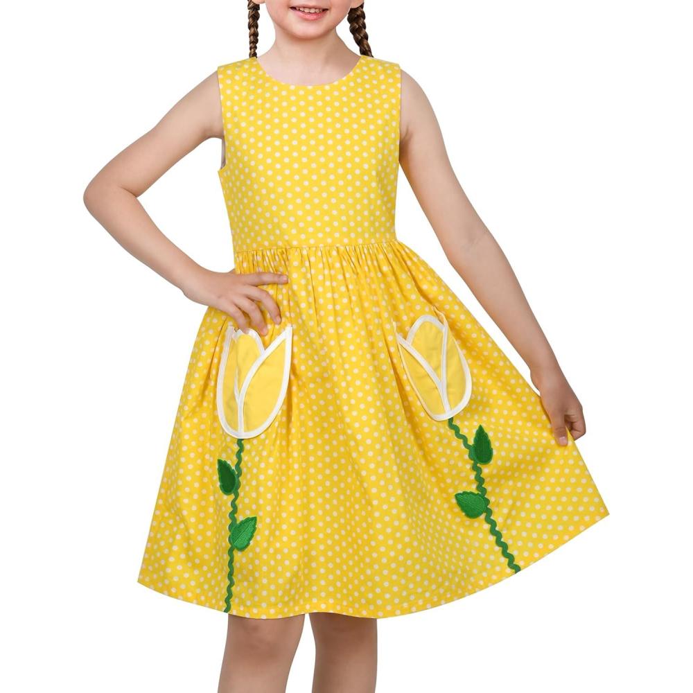 imageSunny Fashion Girls Dress Red Polka Dot Pocket Floral Summer Casual CottonYellow