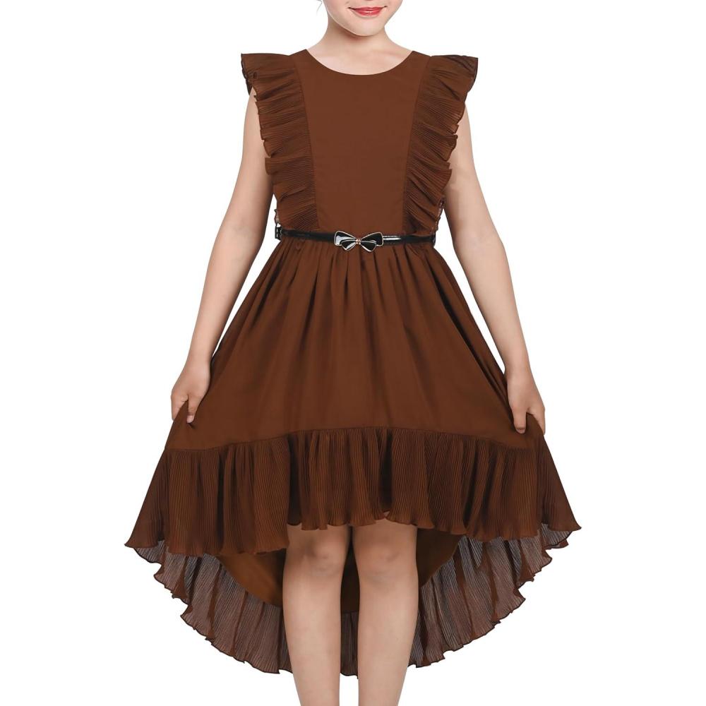 imageSunny Fashion Girls Dress Solid Ruffle Cap Sleeve Belt Hilo Pageant Wedding FormalBrown