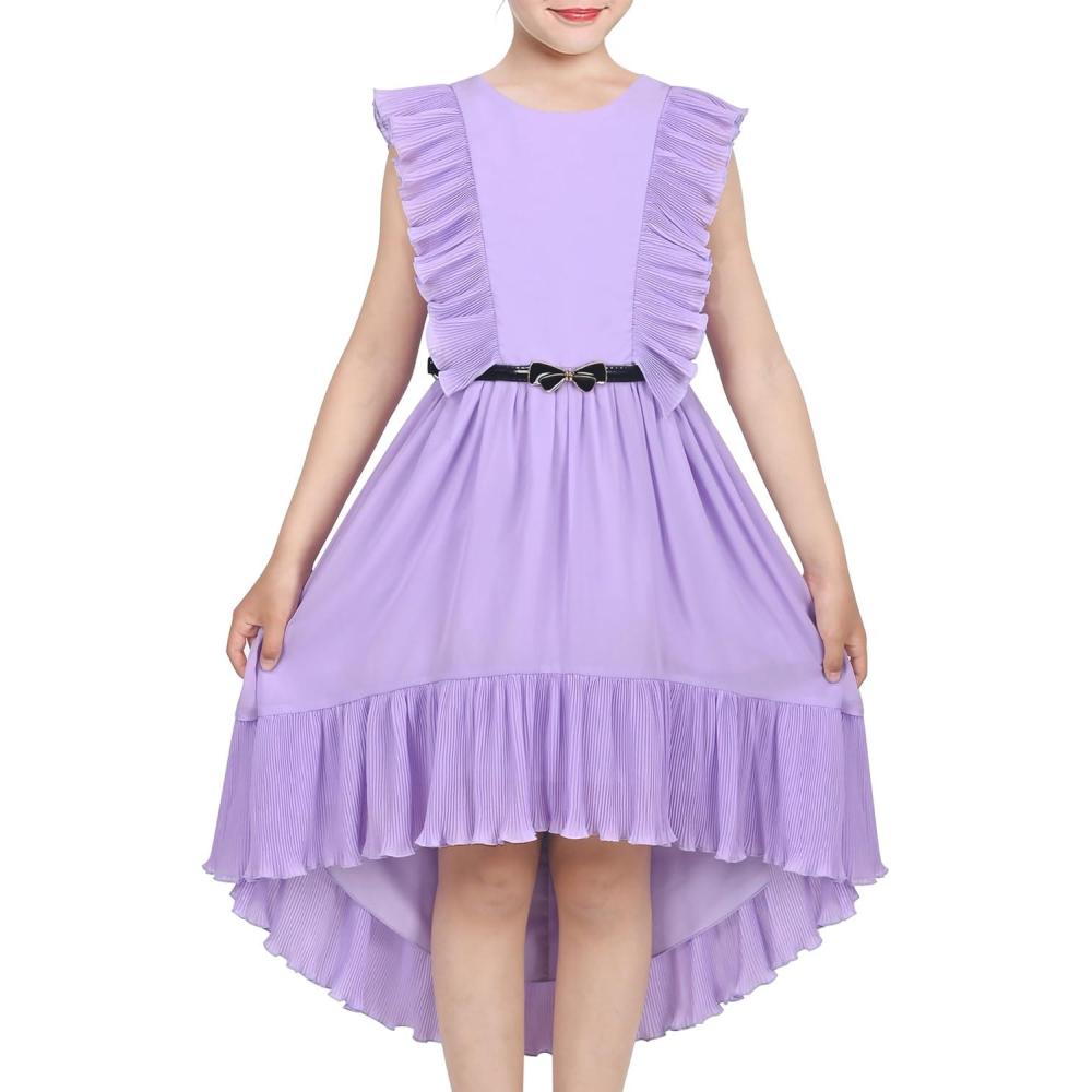 imageSunny Fashion Girls Dress Solid Ruffle Cap Sleeve Belt Hilo Pageant Wedding FormalPurple