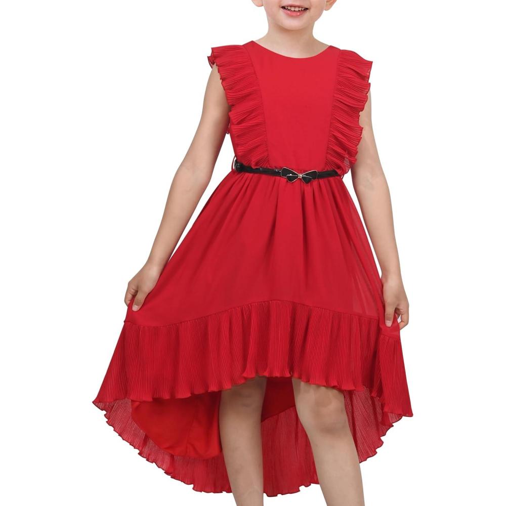 imageSunny Fashion Girls Dress Solid Ruffle Cap Sleeve Belt Hilo Pageant Wedding FormalRed