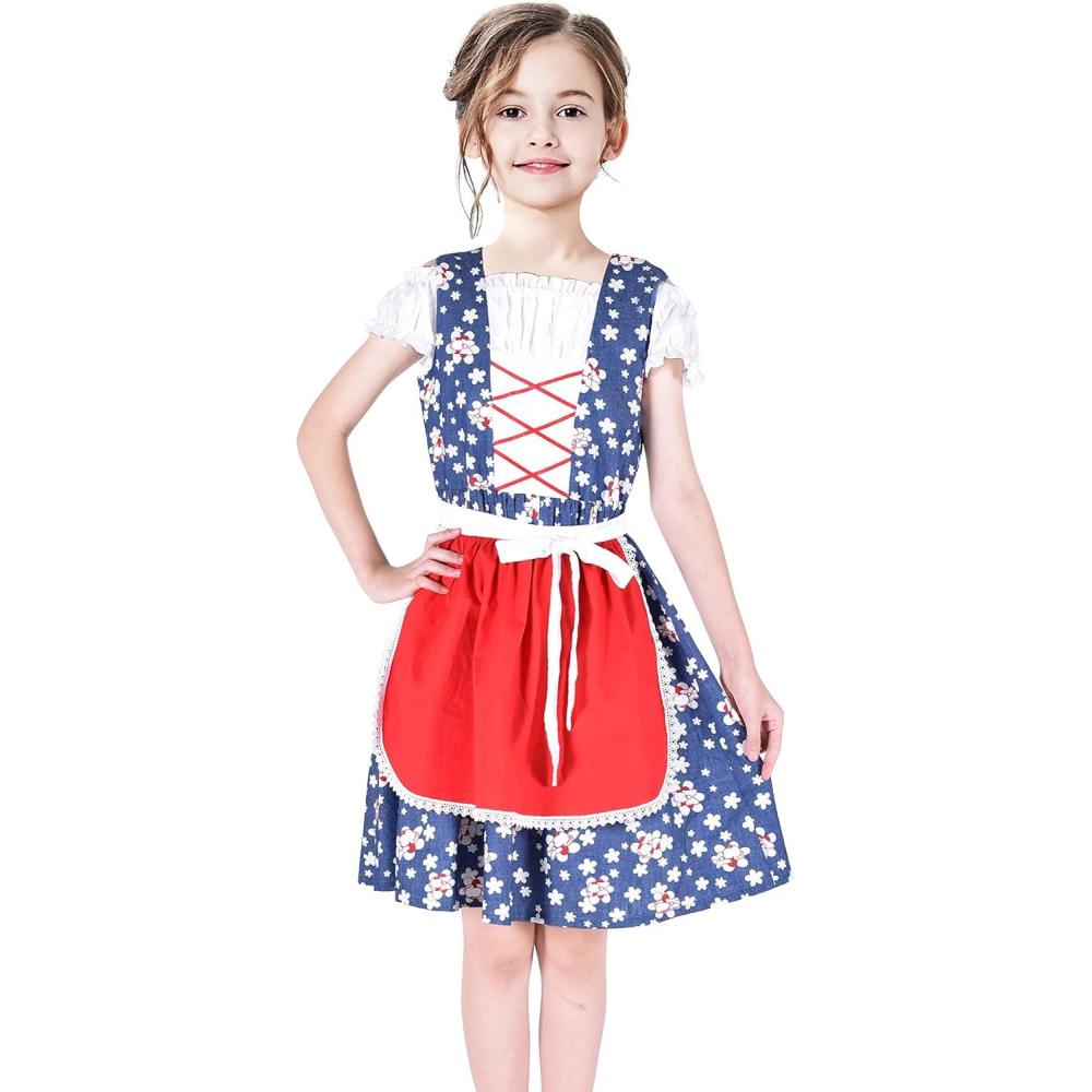 imageSunny Fashion Girls German Dirndl Dress Costumes for Bavarian Oktoberfest Vintage PinkBlue