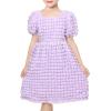 Sunny Fashion Girls Dress Pink Solid A-line Vintage Puff Sleeve Spring Summer(Purple Plaid)