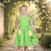 Sunny Fashion Girls Dress Red Polka Dot Pocket Floral Summer Casual Cotton(Green Tulip Pocket)
