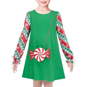 Sunny Fashion Girls Casual Dress Cotton Long Sleeve Kite Cloud Embroidered(Green Candy Cane)