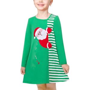 Sunny Fashion Girls Casual Dress Cotton Long Sleeve Kite Cloud Embroidered(Green Snowman)