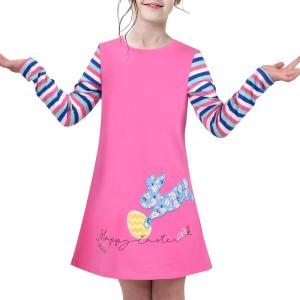 Sunny Fashion Girls Casual Dress Cotton Long Sleeve Kite Cloud Embroidered(Pink Bunny)