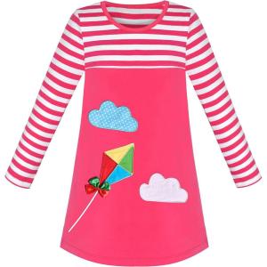 Sunny Fashion Girls Casual Dress Cotton Long Sleeve Kite Cloud Embroidered(Pink Stripes)