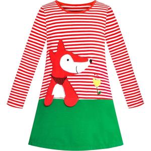 Sunny Fashion Girls Casual Dress Cotton Long Sleeve Kite Cloud Embroidered(Red Fox)