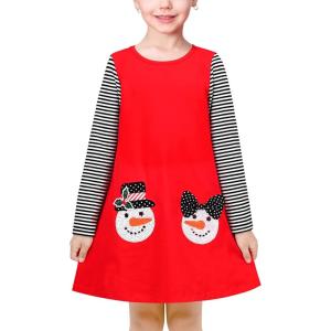 Sunny Fashion Girls Casual Dress Cotton Long Sleeve Kite Cloud Embroidered(Red Striped)