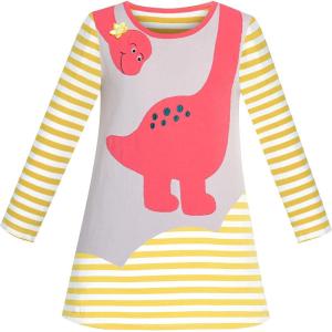 Sunny Fashion Girls Casual Dress Cotton Long Sleeve Kite Cloud Embroidered(Yellow Dinosaur)