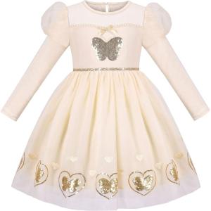 Sunny Fashion Girls Dress Beige Cream Sequin Heart Butterfly Tulle Skirt Long Sleeve(Beige)