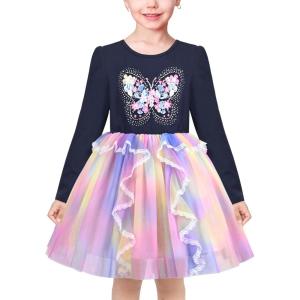 Sunny Fashion Girls Dress Beige Cream Sequin Heart Butterfly Tulle Skirt Long Sleeve(Blue Butterfly)