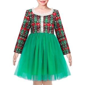 Sunny Fashion Girls Dress Beige Cream Sequin Heart Butterfly Tulle Skirt Long Sleeve(Green Plaid Checks)