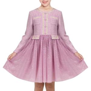 Sunny Fashion Girls Dress Beige Cream Sequin Heart Butterfly Tulle Skirt Long Sleeve(Light Purple)
