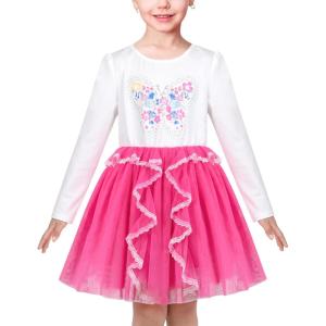 Sunny Fashion Girls Dress Beige Cream Sequin Heart Butterfly Tulle Skirt Long Sleeve(Pink Butterfly)