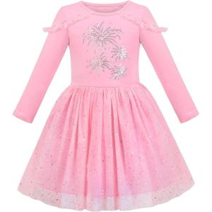 Sunny Fashion Girls Dress Beige Cream Sequin Heart Butterfly Tulle Skirt Long Sleeve(Pink Sequin)