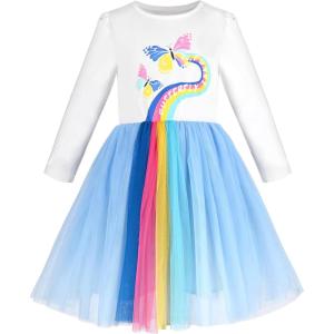 Sunny Fashion Girls Dress Beige Cream Sequin Heart Butterfly Tulle Skirt Long Sleeve(Rainbow Butterfly)