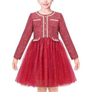 Sunny Fashion Girls Dress Beige Cream Sequin Heart Butterfly Tulle Skirt Long Sleeve(Red Pearl)