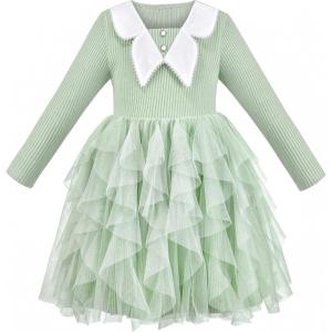 Sunny Fashion Girls Dress Beige Cream Sequin Heart Butterfly Tulle Skirt Long Sleeve(Soft Green)