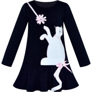 Sunny Fashion Girls Dress Colorful Daisy Flower Rainbow Long Sleeve Cotton(Black)