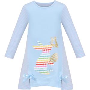 Sunny Fashion Girls Dress Colorful Daisy Flower Rainbow Long Sleeve Cotton(Blue)
