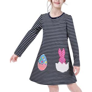 Sunny Fashion Girls Dress Colorful Daisy Flower Rainbow Long Sleeve Cotton(Blue Easter Egg)