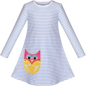 Sunny Fashion Girls Dress Colorful Daisy Flower Rainbow Long Sleeve Cotton(Blue Striped Owl)