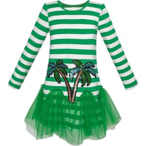 Sunny Fashion Girls Dress Colorful Daisy Flower Rainbow Long Sleeve Cotton(Green)