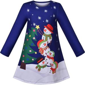 Sunny Fashion Girls Dress Colorful Daisy Flower Rainbow Long Sleeve Cotton(Night Blue)