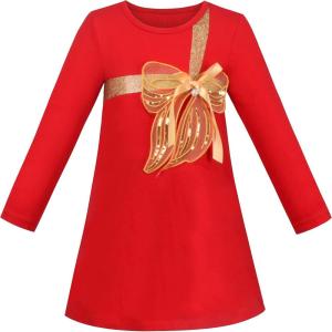 Sunny Fashion Girls Dress Colorful Daisy Flower Rainbow Long Sleeve Cotton(Red Golden Tie)