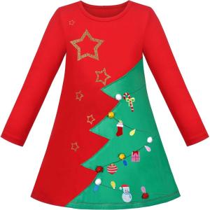 Sunny Fashion Girls Dress Colorful Daisy Flower Rainbow Long Sleeve Cotton(Red Star)