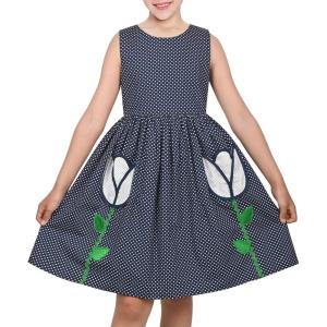 Sunny Fashion Girls Dress Red Polka Dot Pocket Floral Summer Casual Cotton(Blue Tulip)