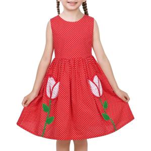 Sunny Fashion Girls Dress Red Polka Dot Pocket Floral Summer Casual Cotton(Red)