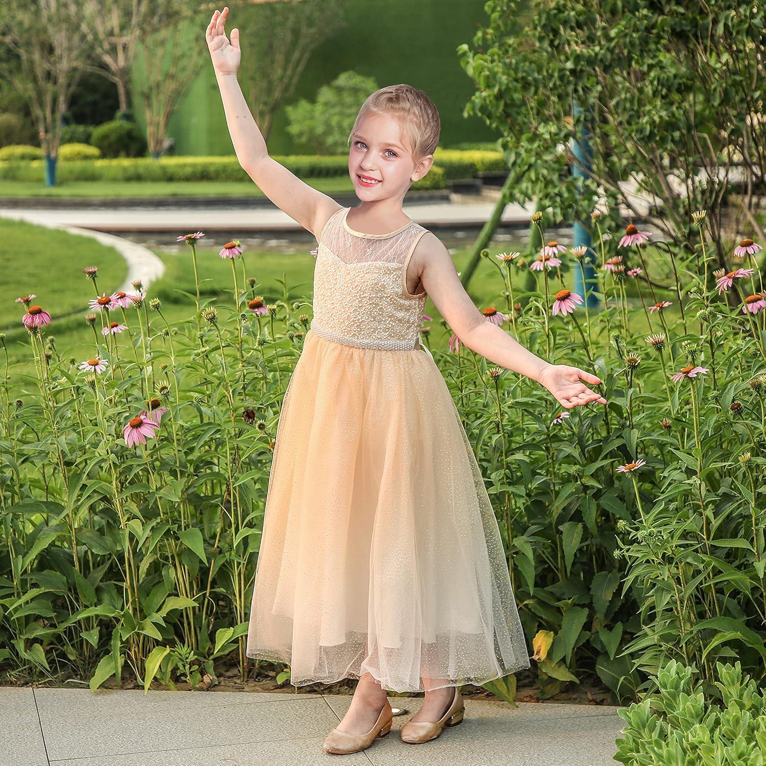 imageSunny Fashion Girls Dress Flower Lace Top Burgundy Gradient Skirt SleevelessBeige