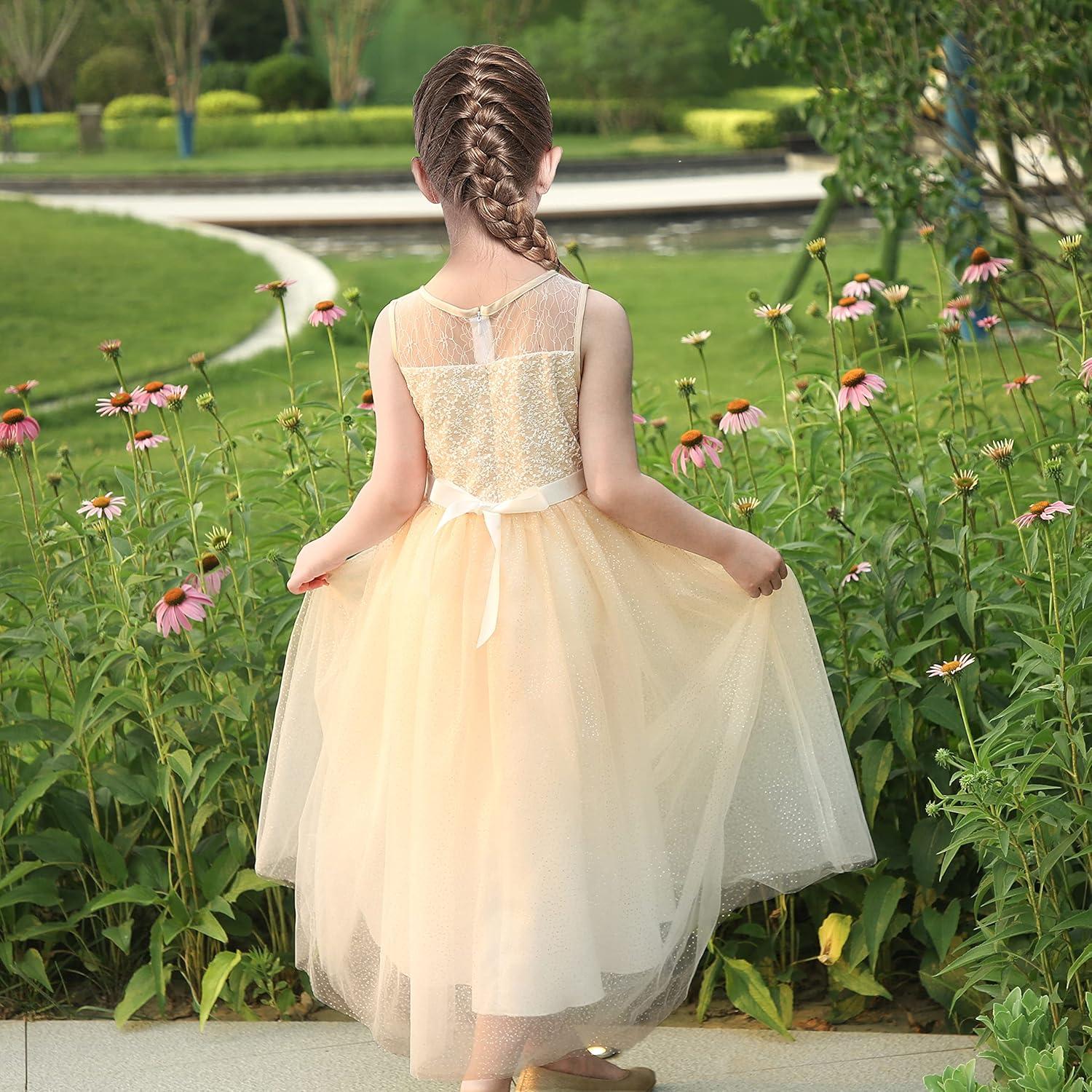 imageSunny Fashion Girls Dress Flower Lace Top Burgundy Gradient Skirt SleevelessBeige