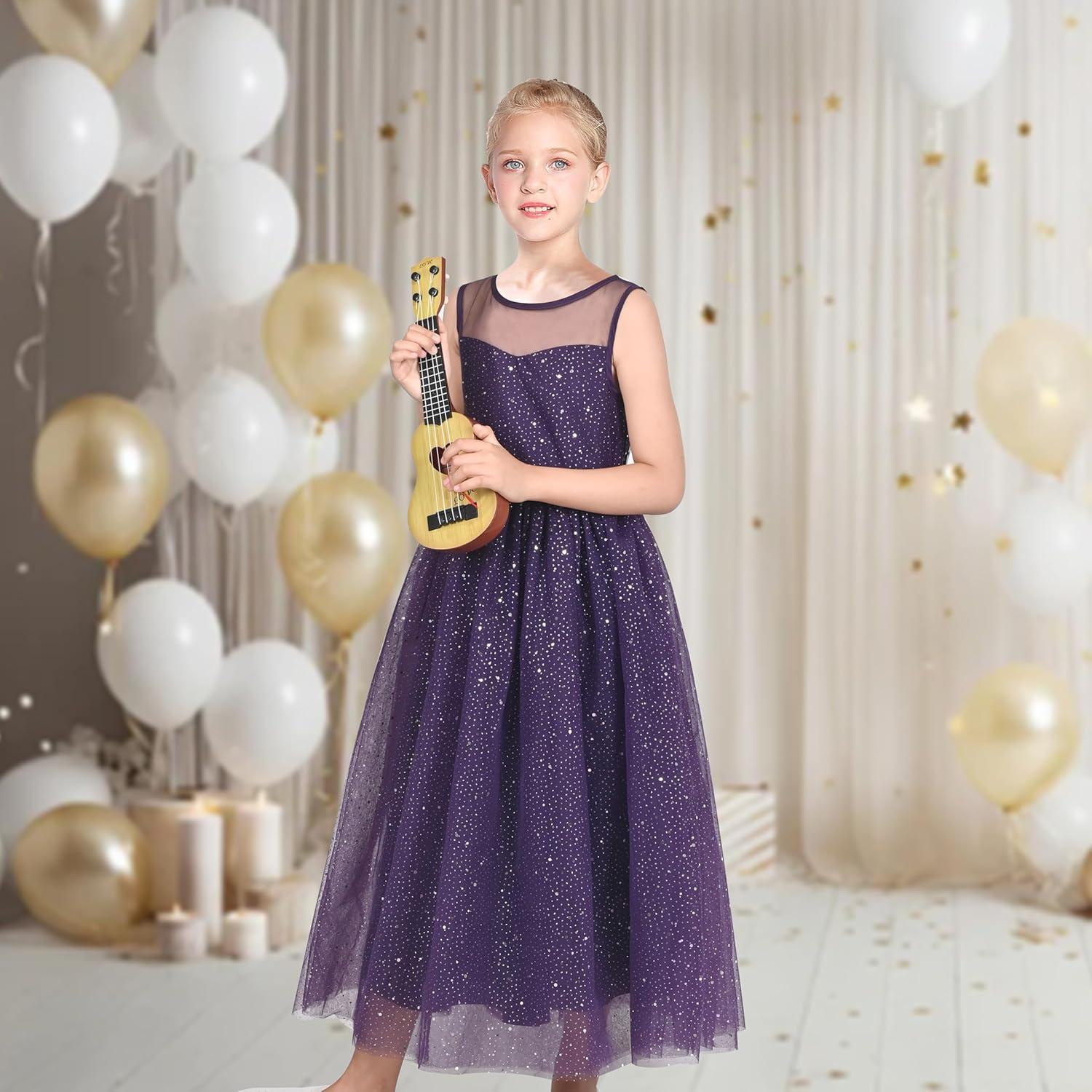 imageSunny Fashion Girls Dress Flower Lace Top Burgundy Gradient Skirt SleevelessDark Purple