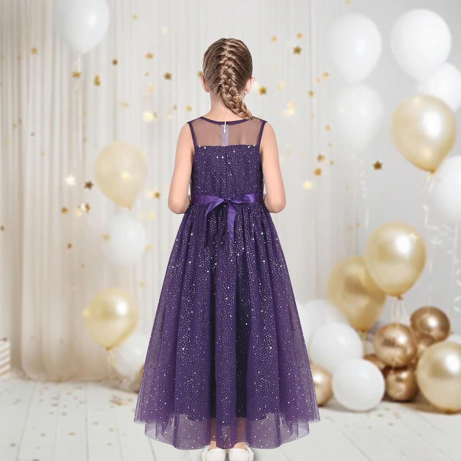 imageSunny Fashion Girls Dress Flower Lace Top Burgundy Gradient Skirt SleevelessDark Purple