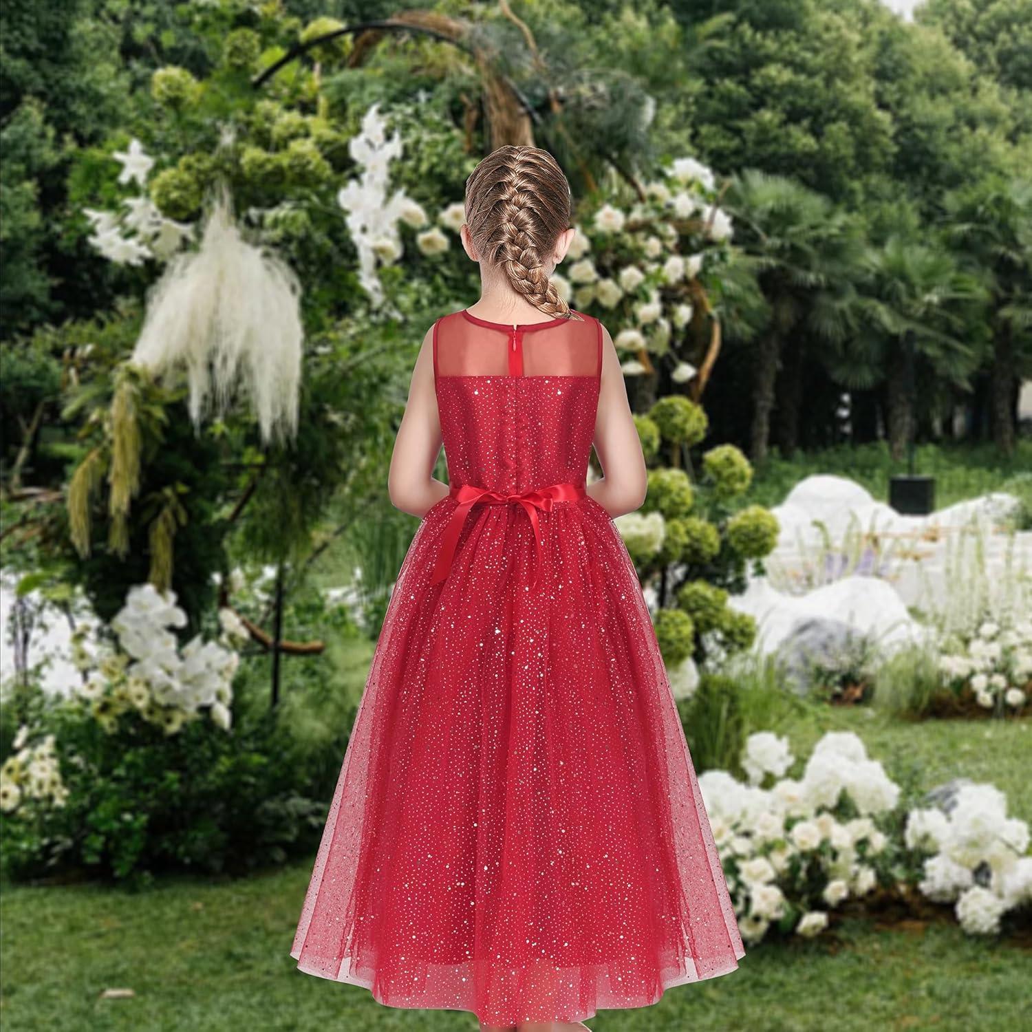 imageSunny Fashion Girls Dress Flower Lace Top Burgundy Gradient Skirt SleevelessRed Glitter