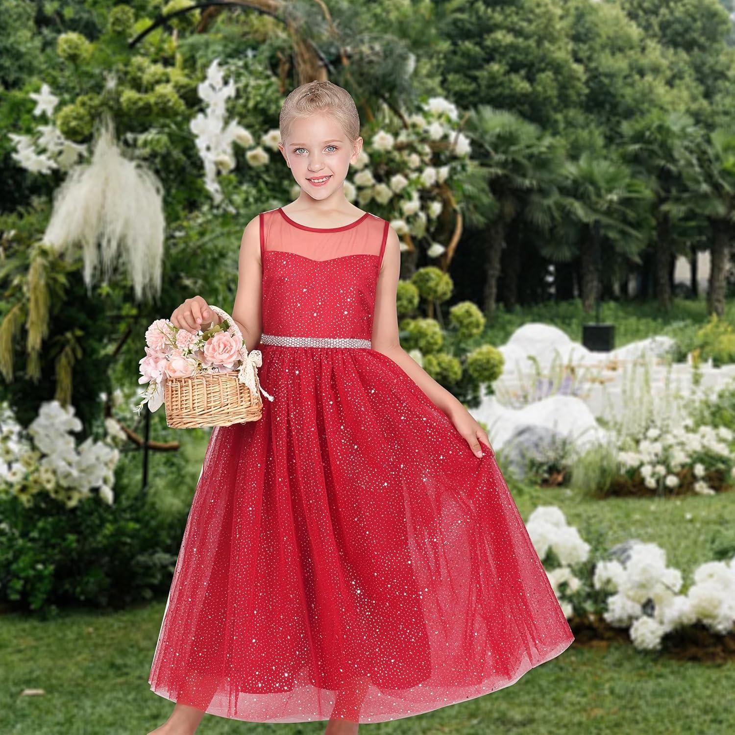 imageSunny Fashion Girls Dress Flower Lace Top Burgundy Gradient Skirt SleevelessRed Glitter