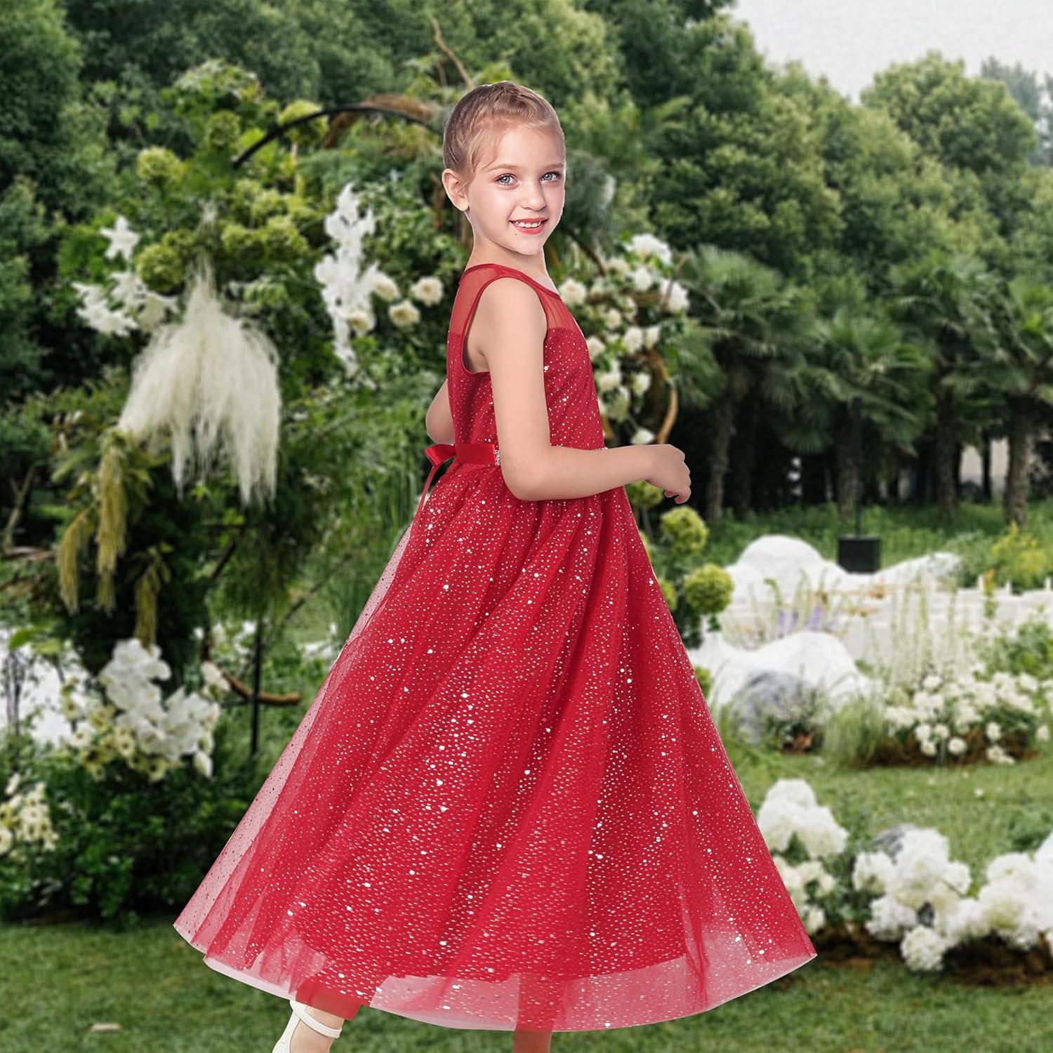 imageSunny Fashion Girls Dress Flower Lace Top Burgundy Gradient Skirt SleevelessRed Glitter