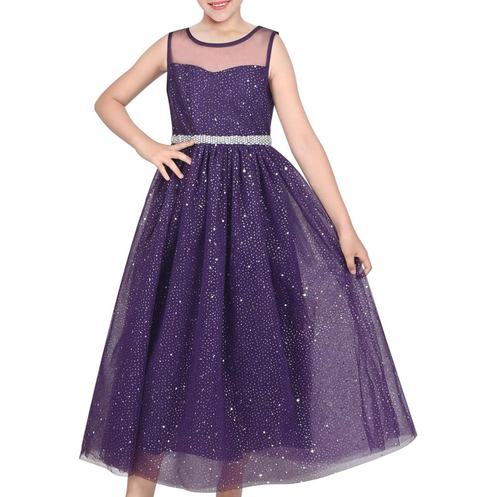 imageSunny Fashion Girls Dress Flower Lace Top Burgundy Gradient Skirt SleevelessDark Purple