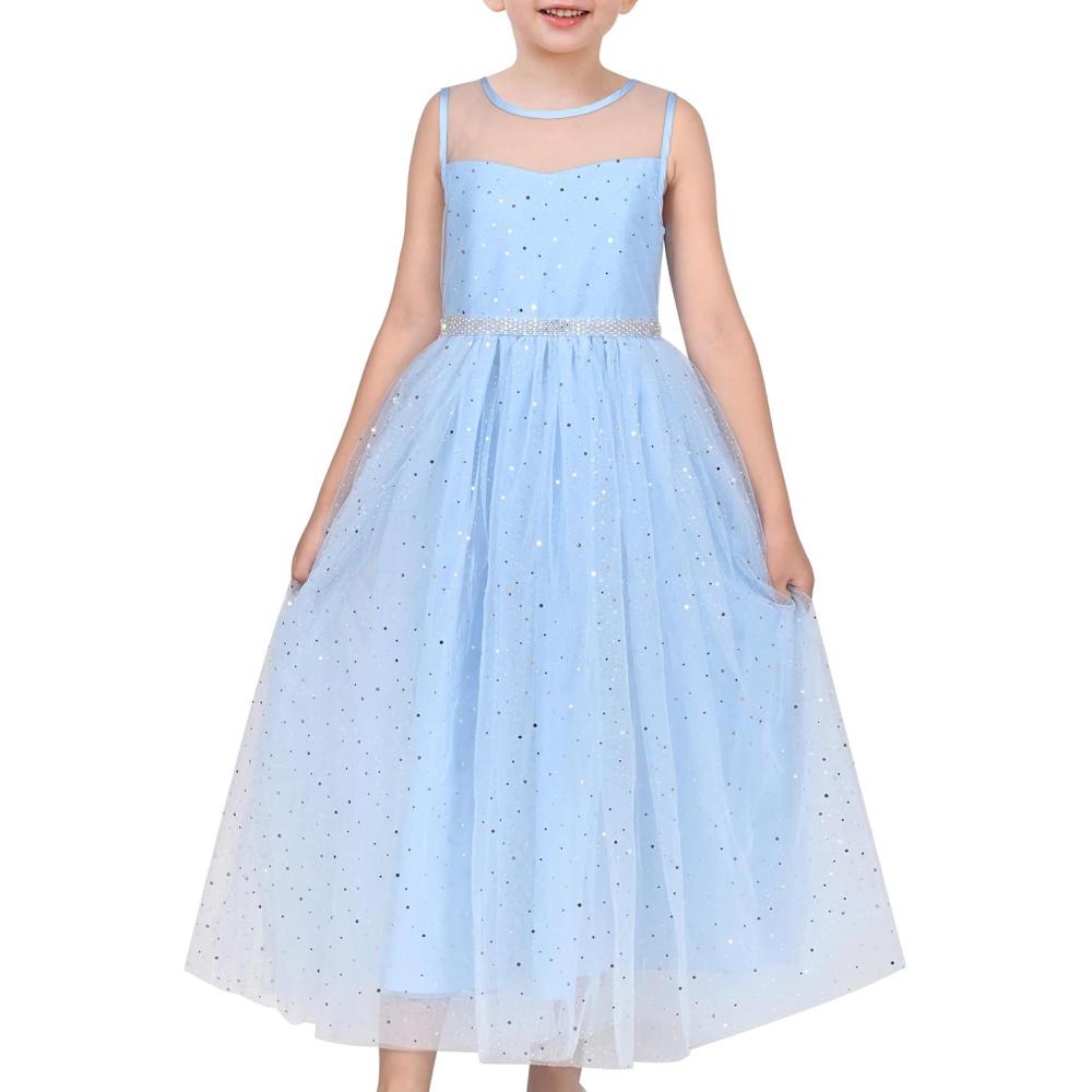 imageSunny Fashion Girls Dress Flower Lace Top Burgundy Gradient Skirt SleevelessSky Blue