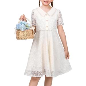 Sunny Fashion Flower Girls Dress Ivory Floral Lace Button Short Sleeve Communion Wedding Formal