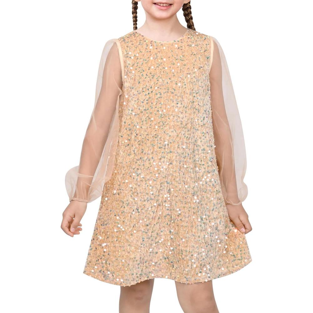 imageSunny Fashion Girls Dress Black Sequin Sheer Mesh Long Sleeve Party Elegant Ball GownBeige