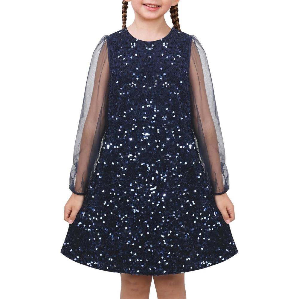 imageSunny Fashion Girls Dress Black Sequin Sheer Mesh Long Sleeve Party Elegant Ball GownBlue Star